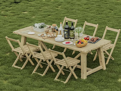 Outdoor Wooden Dining Table And Chair Set On Green Grass With Food Drinks And Fruits 3d model