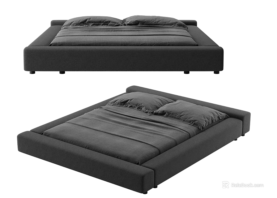 Modern Upholstered Double Bed With Low Platform Frame And Soft Pillows 3d model 