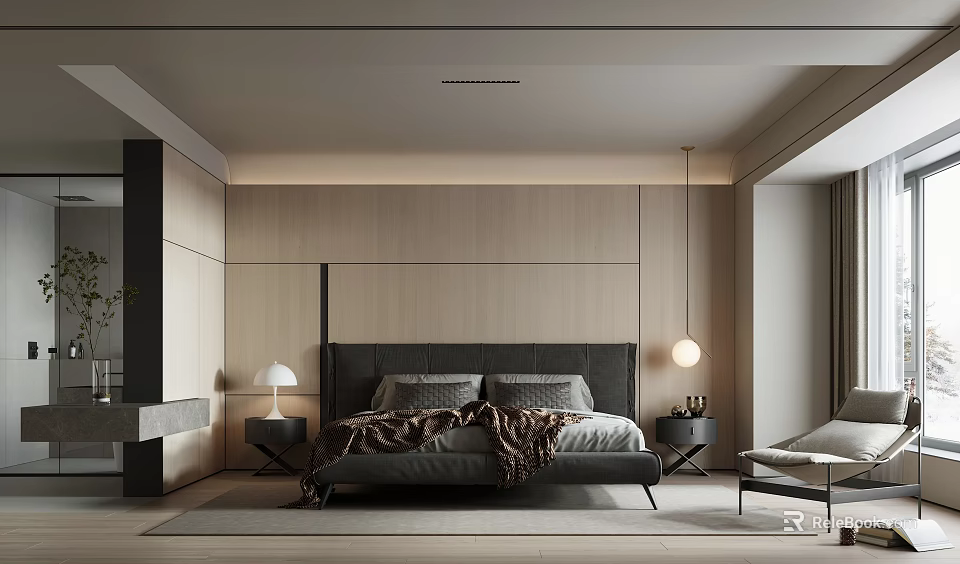 Modern Minimalist Bedroom Interior Design With Wooden Wall Black Headboard And Gray Bedding 3d model 