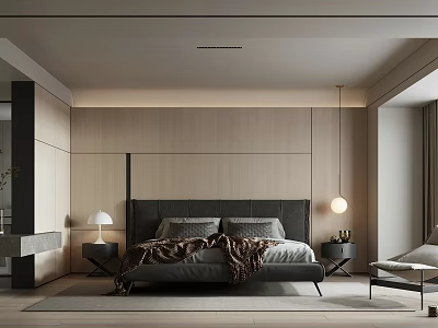 Modern Minimalist Bedroom Interior Design With Wooden Wall Black Headboard And Gray Bedding 3d model
