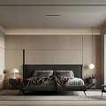 Modern Minimalist Bedroom Interior Design With Wooden Wall Black Headboard And Gray Bedding