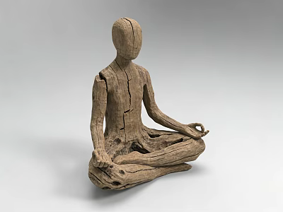 Hand Carved Wooden Human Figure Sculpture Seated in Lotus Meditation Pose with Textured Surface 3d model