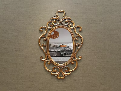 Ornate Gold Framed Oval Mirror Hanging On Gray Wall Reflecting Living Room Scene 3d model