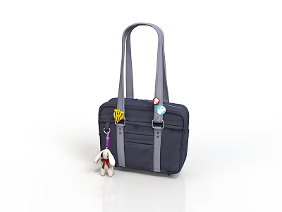 Dark Blue Handbag With Long Straps Decorative Pendants And Plush Toy Accessory 3d model