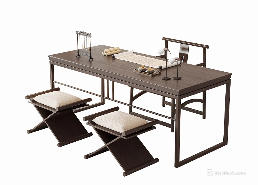 Chinese Style Wooden Desk With Padded Stools Tea Tray And Stationery Rack 3d model 