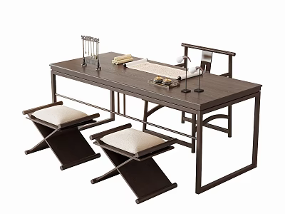 Chinese Style Wooden Desk With Padded Stools Tea Tray And Stationery Rack 3d model