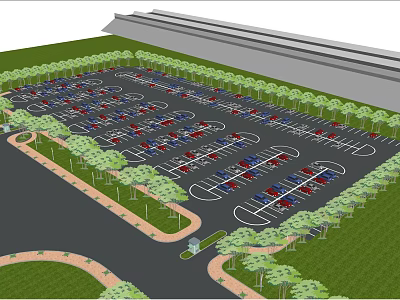 Organized Parking Lot With Many Cars Trees And Curved Road Layout 3d model