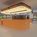 Bright Orange White Dessert Shop Counter With Displayed Pastries And Neon Mall Sign