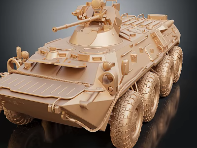 Detailed Golden Wheeled Military Tank Model With Turret And Armored Exterior Surface 3d model