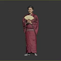 Man In Red Kimono Holding A Folding Fan Against Gray Background