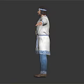 Traditional Male Character In White Robe With Blue Patterns Headband Waist Pouch And Outstretched Arms
