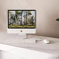 iMac Desktop Computer on White Marble Desk with Forest Scenery Display and Green Plant