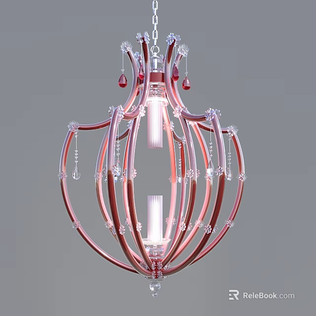 Elegant Red Frame Chandelier With Crystal Decorations And Central Light Bulb 3d model
