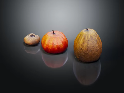 Three Fresh Vegetables in Brown Red Orange and Yellow on Black Reflective Surface with Reflections 3d model