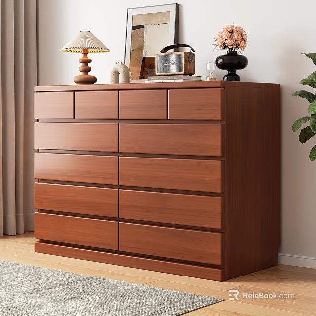 Brown Wooden Dresser With Multiple Drawers Table Lamp Photo Frame And Vase In Room 3d model 