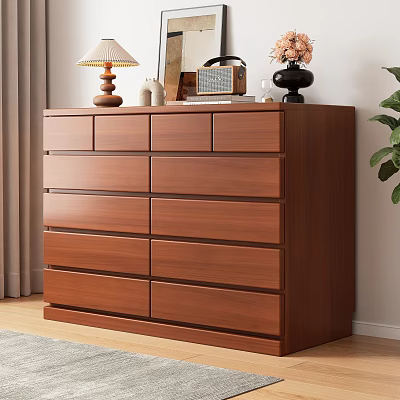Brown Wooden Dresser With Multiple Drawers Table Lamp Photo Frame And Vase In Room 3d model