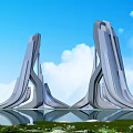 Modern Unique Streamlined Office Building With Water Reflection And Greenery Under Blue Sky 3d model