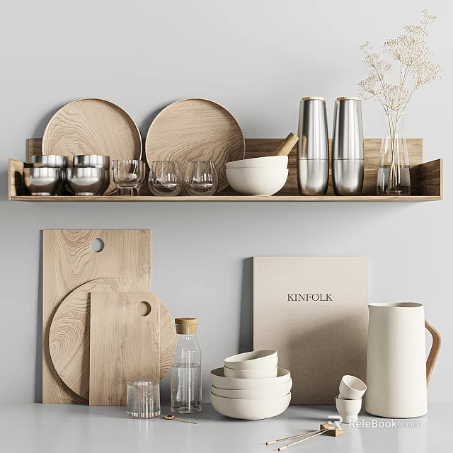 Wooden And Metal Kitchenware With Plates Cups Bowls Cutting Boards Spice Grinders On Display Shelf 3d model 