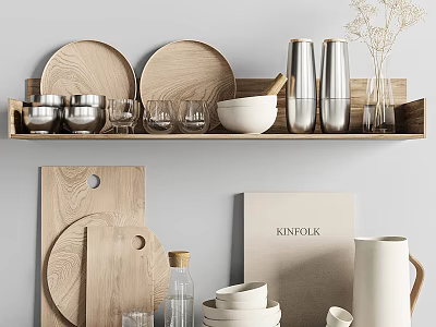 Wooden And Metal Kitchenware With Plates Cups Bowls Cutting Boards Spice Grinders On Display Shelf 3d model