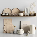Wooden And Metal Kitchenware With Plates Cups Bowls Cutting Boards Spice Grinders On Display Shelf