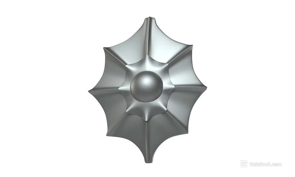 Silver Metallic Star Shaped Weapon With Central Sphere And Decorative Design 3d model