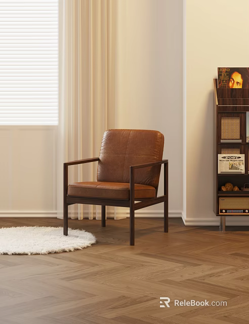 Brown Leather Single Chair With Armrests On Wooden Floor By White Rug And Bookshelf 3d model 