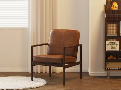 Brown Leather Single Chair With Armrests On Wooden Floor By White Rug And Bookshelf 3d model