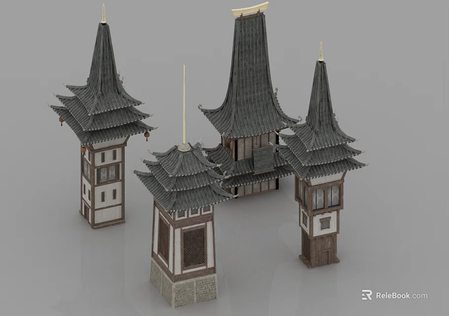 Ancient Chinese Architecture Featuring Multi Layered Towers And Curved Eaves 3d model