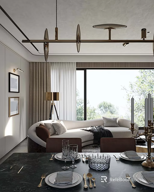 Stylish Modern Luxury Open Living And Dining Room With Curved Sofa And Large Panoramic Window 3d model 