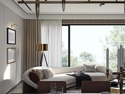 Stylish Modern Luxury Open Living And Dining Room With Curved Sofa And Large Panoramic Window 3d model