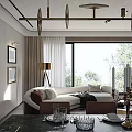 Stylish Modern Luxury Open Living And Dining Room With Curved Sofa And Large Panoramic Window