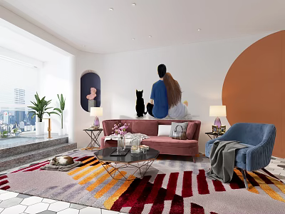 Modern Living And Dining Room Interior With Pink Sofa Blue Armchair And Colorful Striped Rug 3d model