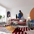 Modern Living And Dining Room Interior With Pink Sofa Blue Armchair And Colorful Striped Rug