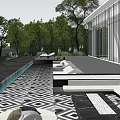 Modern Garden Landscape With Hexagonal Textured Wall Green Trees And Luxury Entrance