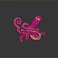 Cute Pink Cartoon Octopus With Curled Tentacles On Dark Background And Happy Expression