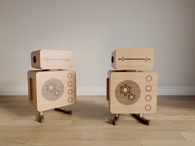 Pair Of Light Wood Simple Modern Bedside Tables With Gear Patterns And Brown Legs 3d model