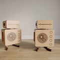 Pair Of Light Wood Simple Modern Bedside Tables With Gear Patterns And Brown Legs