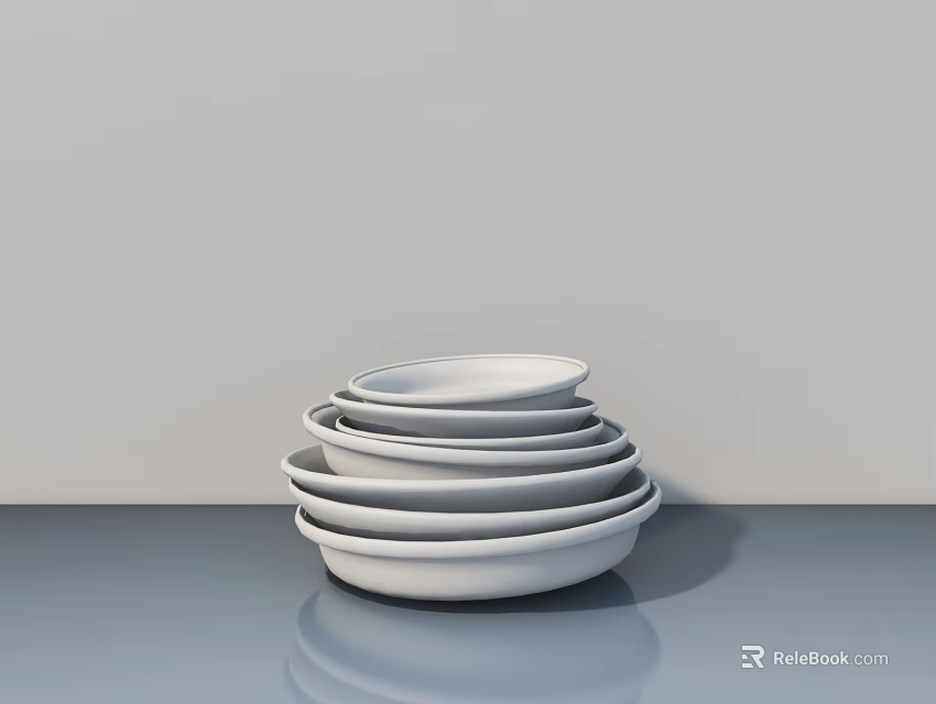 White Sculpted Ceramic Bowls Stacked in Different Sizes on Gray Surface 3d model 