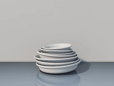 White Sculpted Ceramic Bowls Stacked in Different Sizes on Gray Surface 3d model