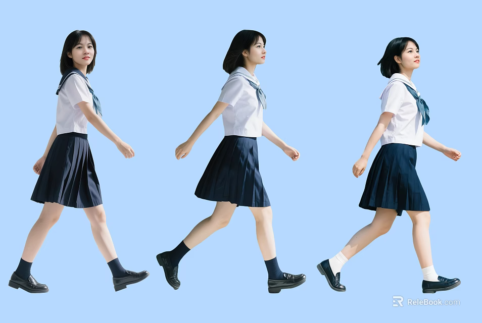 Group of Young Girls Walking in School Uniforms With Light Blue Background 3d model 