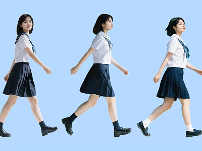 Group of Young Girls Walking in School Uniforms With Light Blue Background 3d model