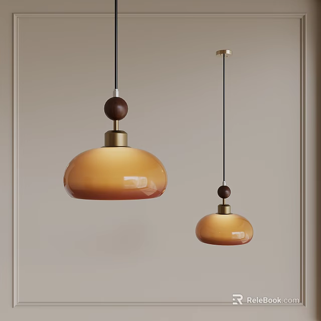 Modern Pendant Lights With Warm Yellow Glass Shades Wooden Balls And Brass Bases 3d model 