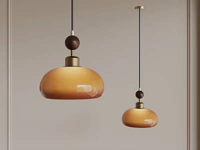 Modern Pendant Lights With Warm Yellow Glass Shades Wooden Balls And Brass Bases 3d model
