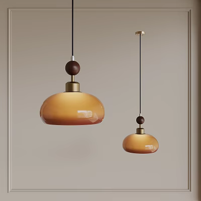 Modern Pendant Lights With Warm Yellow Glass Shades Wooden Balls And Brass Bases 3d model