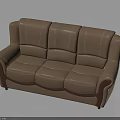 Beige Leather Three Seat Sofa With Stitched Details And Dark Brown Armrest Accents