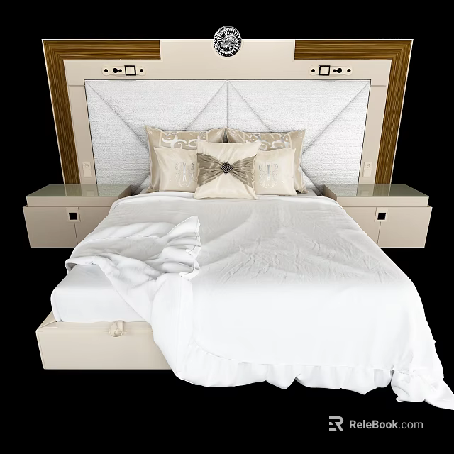 Double Bed With Upholstered Headboard Wooden Accents Decorative Pillows White Bedspread And Bedside Tables 3d model 