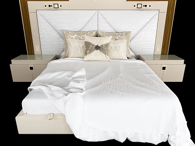 Double Bed With Upholstered Headboard Wooden Accents Decorative Pillows White Bedspread And Bedside Tables 3d model