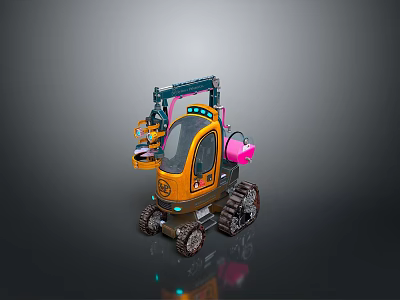 Orange Utility Vehicle With Crawler Tracks Mechanical Arm Pink Component Transparent Cabin And LED Lights 3d model