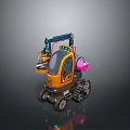 Orange Utility Vehicle With Crawler Tracks Mechanical Arm Pink Component Transparent Cabin And LED Lights