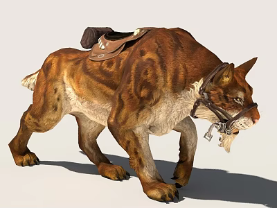 Large Muscular Brown Feline With Leather Saddle And Harness 3d model